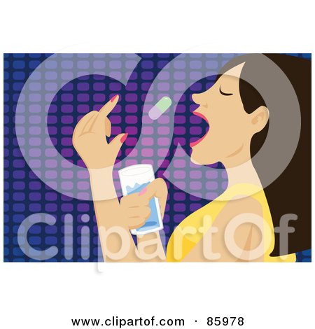Royalty-Free (RF) Clipart Illustration of a Caucasian Woman Holding A Glass Of Water And Tossing A Pill Into Her Mouth by mayawizard101