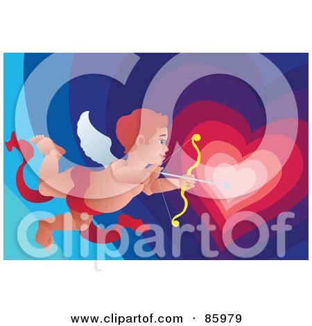 Royalty-Free (RF) Clipart Illustration of Cupid Aiming An Arrow Towards A Gradient Heart by mayawizard101