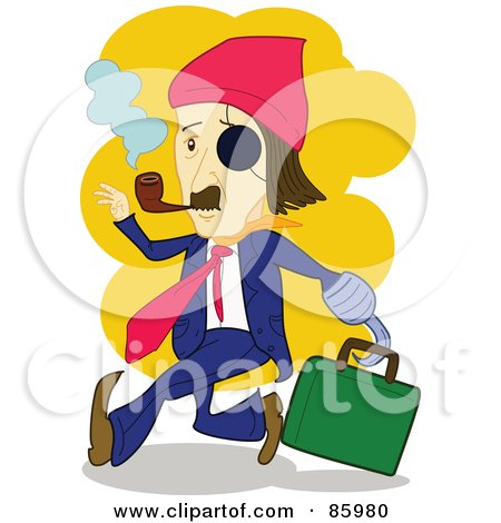 Royalty-Free (RF) Clipart Illustration of a Caucasian Pirate Businessman With A Hook, Eye Patch And Pipe by mayawizard101