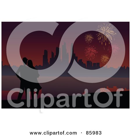 Royalty-Free (RF) Clipart Illustration of a Silhouetted Couple Watching Fireworks Over A Coastal City by mayawizard101
