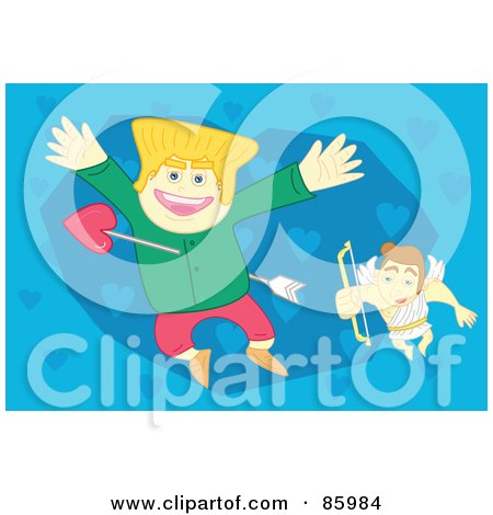 Royalty-Free (RF) Clipart Illustration of a Blond Man Being Struck With Cupid's Arrow by mayawizard101