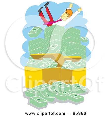 Royalty-Free (RF) Clipart Illustration of a Businessman Falling On Top Of A Giant Stack Of Cash by mayawizard101