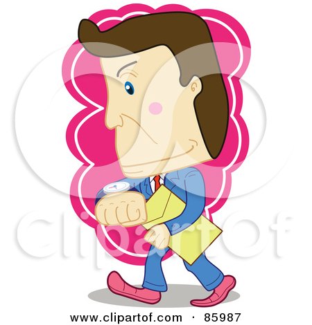 Royalty-Free (RF) Clipart Illustration of a Brunette Businessman Walking With A File And Glancing At His Watch by mayawizard101