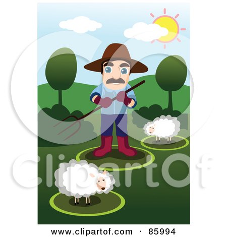 Royalty-Free (RF) Clipart Illustration of a Farmer Watching Over His Sheep by mayawizard101