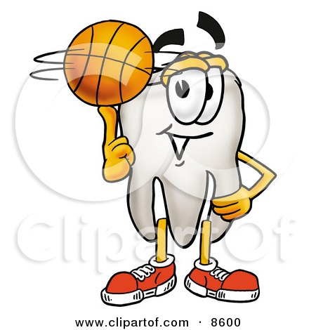 Clipart Picture of a Tooth Mascot Cartoon Character Spinning a Basketball on His Finger by Mascot Junction