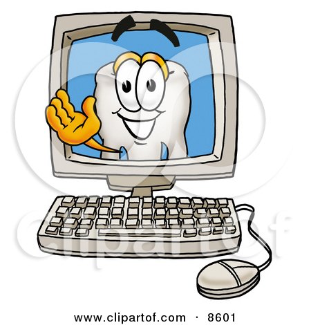 Clipart Picture of a Tooth Mascot Cartoon Character Waving From Inside a Computer Screen by Mascot Junction