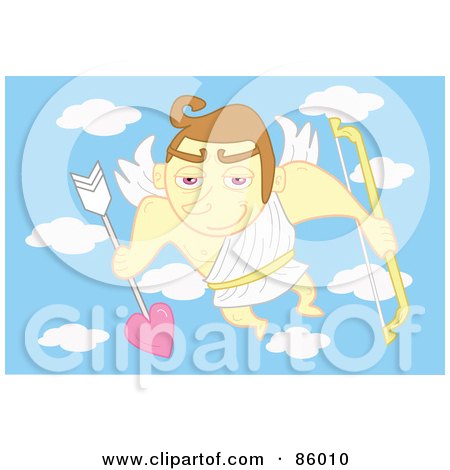 Royalty-Free (RF) Clipart Illustration of a Brunette Cupid In The Sky With A Bow And Arrow by mayawizard101