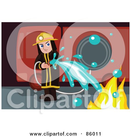 Royalty-Free (RF) Clipart Illustration of a Fireman Using A Hose To Put Out A Fire by mayawizard101