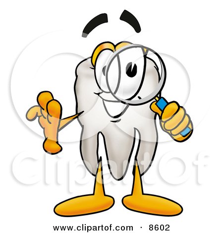 Clipart Picture of a Tooth Mascot Cartoon Character Looking Through a Magnifying Glass by Mascot Junction