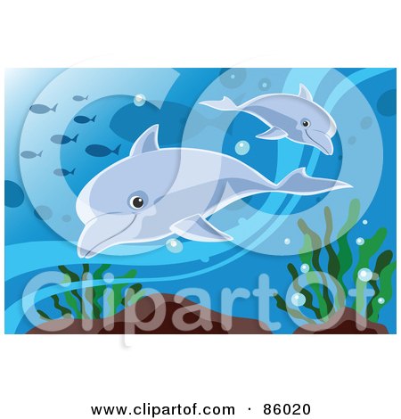 Royalty-Free (RF) Clipart Illustration of Two Cute Dolphins Swimming With Fish Underwater  by mayawizard101