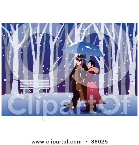 Royalty-Free (RF) Clipart Illustration of a Happy Couple Enjoying A Winter Stroll Through A Park by mayawizard101