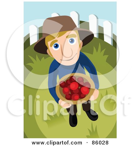 Royalty-Free (RF) Clipart Illustration of a Farmer Looking Up And Holding A Bushel Of Fruit by mayawizard101