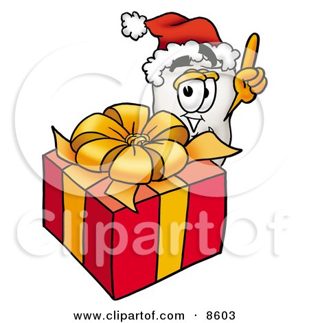 Clipart Picture of a Tooth Mascot Cartoon Character Standing by a Christmas Present by Mascot Junction