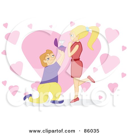 Royalty-Free (RF) Clipart Illustration of a Caucasian Man Kneeling And Proposing To A Pleased Woman, Over Pink Hearts by mayawizard101