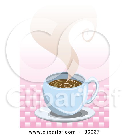 Royalty-Free (RF) Clipart Illustration of a Blue Coffee Cup With Swirling Steam Over Pink by mayawizard101