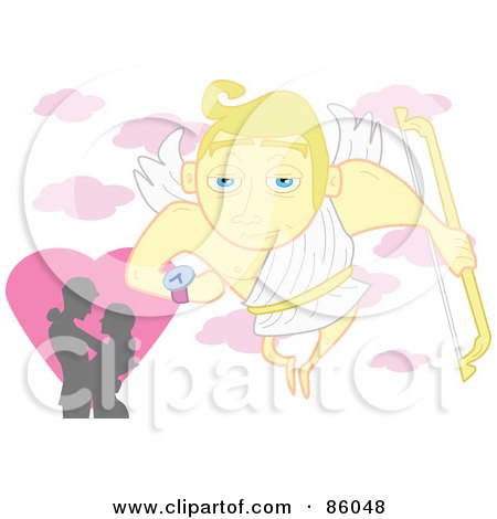 Royalty-Free (RF) Clipart Illustration of a Blond Cupid Looking At His Clock While Watching Over A Couple by mayawizard101
