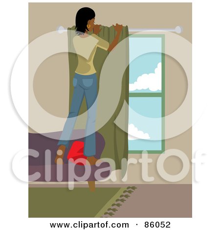 Royalty-Free (RF) Clipart Illustration of an Indian Woman Standing On A Sofa And Hanging Drapes by Rosie Piter