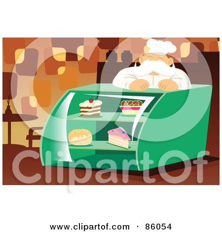 Royalty-Free (RF) Clipart Illustration of a Pleasant Male Baker Leaning Over A Display Case by mayawizard101
