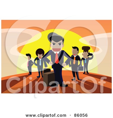 Royalty-Free (RF) Clipart Illustration of a Team Of Intimidating Businessmen Against The Sunrise by mayawizard101