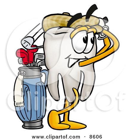 Clipart Picture of a Tooth Mascot Cartoon Character Swinging His Golf Club While Golfing by Mascot Junction