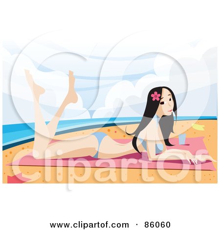 Royalty-Free (RF) Clipart Illustration of a Pretty Asian Woman Sun Bathing In A Bikini On A Beach by mayawizard101