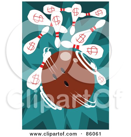 Royalty-Free (RF) Clipart Illustration of a Fast Spinning Bowling Ball Knocking Over Dollar Pins by mayawizard101