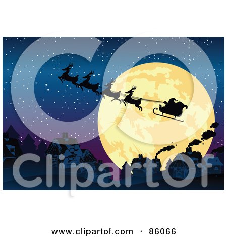 Royalty-Free (RF) Clipart Illustration of Santas Sleigh And Reindeer Silhouetted Against A Giant Full Moon by mayawizard101