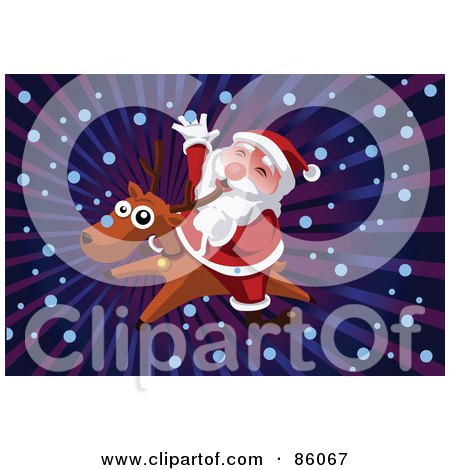 Royalty-Free (RF) Clipart Illustration of a Reindeer Giving Santa A Ride Through The Snow by mayawizard101