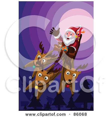 Royalty-Free (RF) Clipart Illustration of Three Reindeer Flying Santa's Sleigh On A Purple Night by mayawizard101