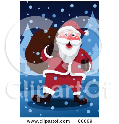 Royalty-Free (RF) Clipart Illustration of Santa Carrying A Sack And Walking Through The Snow by mayawizard101
