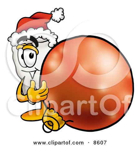 Clipart Picture of a Tooth Mascot Cartoon Character Wearing a Santa Hat, Standing With a Christmas Bauble by Mascot Junction