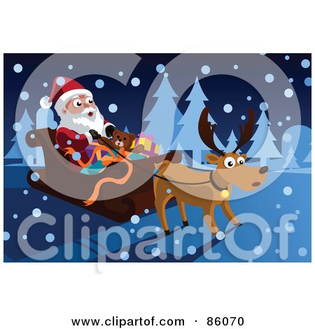 Royalty-Free (RF) Clipart Illustration of a Reindeer And Santa In The Snow by mayawizard101