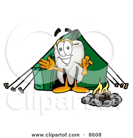 Clipart Picture of a Tooth Mascot Cartoon Character Camping With a Tent and Fire by Mascot Junction