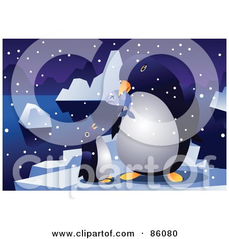 Royalty-Free (RF) Clipart Illustration of a Penguin Feeding Its Chick A Fish by mayawizard101