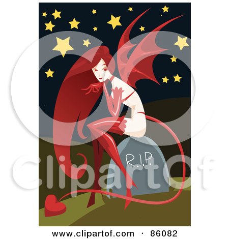Royalty-Free (RF) Clipart Illustration of a Sexy Red Haired Devil Sitting On A Headstone by mayawizard101