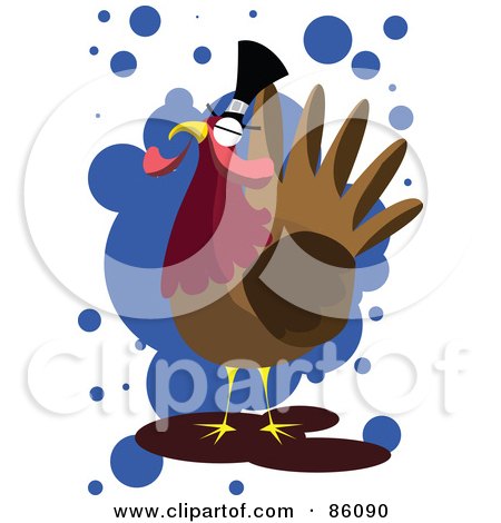 Royalty-Free (RF) Clipart Illustration of a Turkey Bird Wearing A Pilgrim Hat Over Blue Spots by mayawizard101