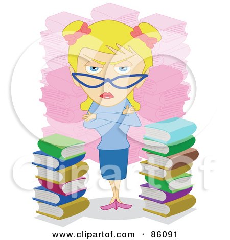Royalty-Free (RF) Clipart Illustration of a Stern Blond Librarian Woman By Piles Of Books by mayawizard101