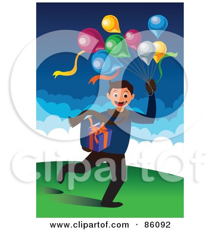 Royalty-Free (RF) Clipart Illustration of a Birthday Boy Running With Balloons And A Present by mayawizard101