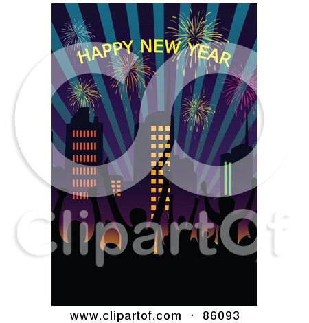 Royalty-Free (RF) Clipart Illustration of a Happy New Year Greeting Wth Fireworks And City People by mayawizard101