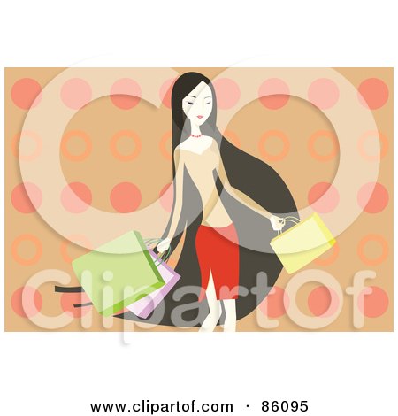 Royalty-Free (RF) Clipart Illustration of a Woman With Very Long Hair, Carrying Shopping Bags by mayawizard101