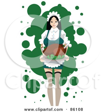Royalty-Free (RF) Clipart Illustration of a Pretty Maid Carrying A Cooked Turkey by mayawizard101