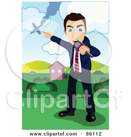 Royalty-Free (RF) Clipart Illustration of a Male Reporter Covering A Plane Crash Story by mayawizard101