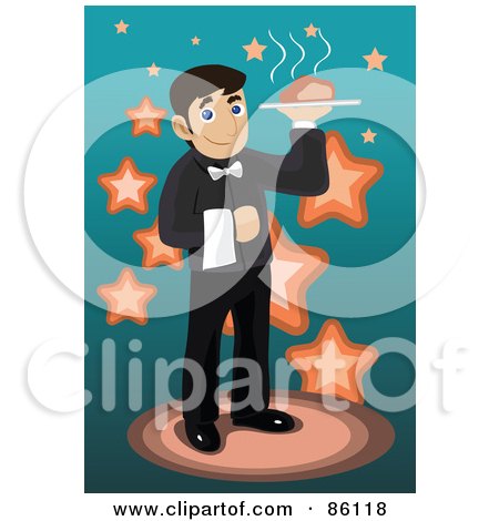 Royalty-Free (RF) Clipart Illustration of a Male Waiter Serving Hot Food by mayawizard101