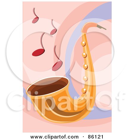 Royalty-Free (RF) Clipart Illustration of Red Notes Rising From A Golden Saxophone by mayawizard101