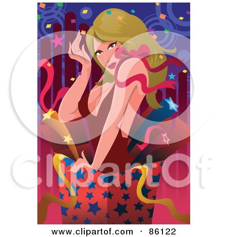 Royalty-Free (RF) Clipart Illustration of a Sexy Woman Popping Out Of A Box Of Stars by mayawizard101