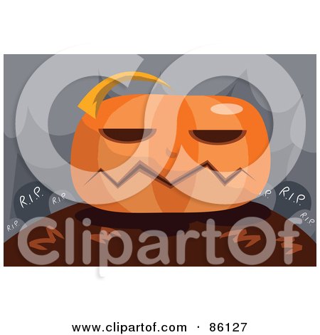 Royalty-Free (RF) Clipart Illustration of a Blocky Halloween Pumpkin By Tombstones by mayawizard101