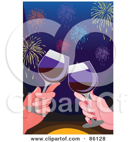 Royalty-Free (RF) Clipart Illustration of a Couple Toasting To A New Year With Red Wine Under Fireworks by mayawizard101