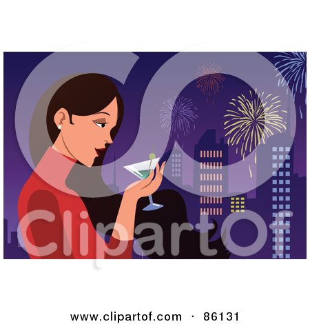 Royalty-Free (RF) Clipart Illustration of a Woman Drinking A Martini And Watching Fireworks Over A City by mayawizard101