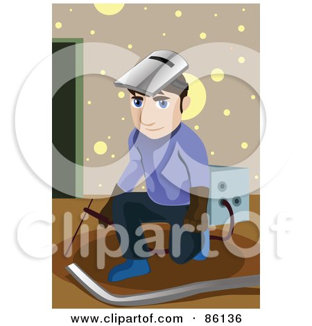 Royalty-Free (RF) Clipart Illustration of a Male Technician Kneeling And Wearing A Helmet by mayawizard101