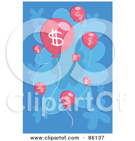 Royalty-Free (RF) Clipart Illustration of Pink Floating Dollar Symbol Balloons Over Blue by mayawizard101